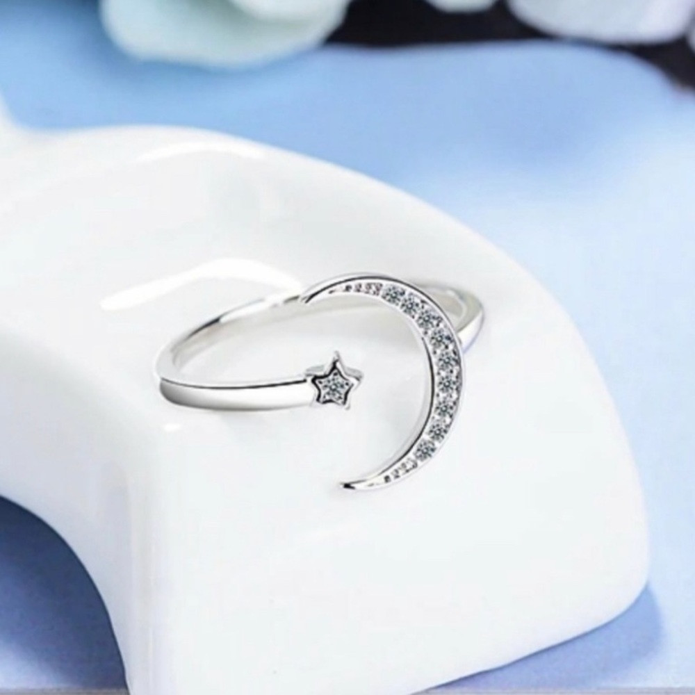Sterling Silver 925 Moon and Star Adjustable Ring